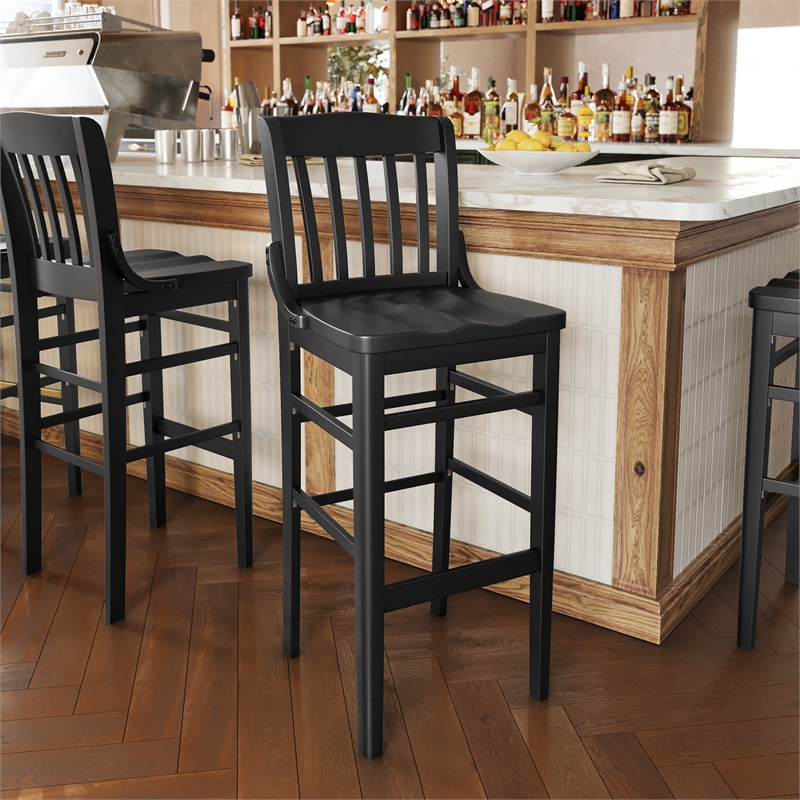 Bowery Hill School House Back Black Wood Restaurant Barstool with Footrest