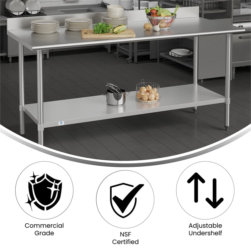 Bowery Hill Stainless Steel Kitchen Table with Backsplash and Undershelf