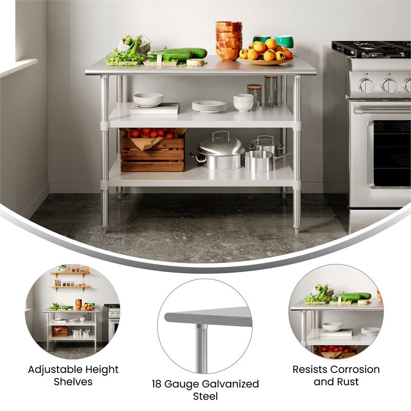 Bowery Hill Stainless Steel Work Table with Dual Undershelves 30x48