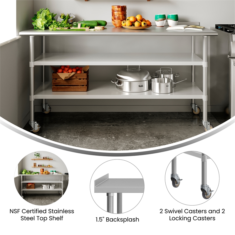 Bowery Hill Stainless Steel Work Table with Backsplash and Undershelves 30x72