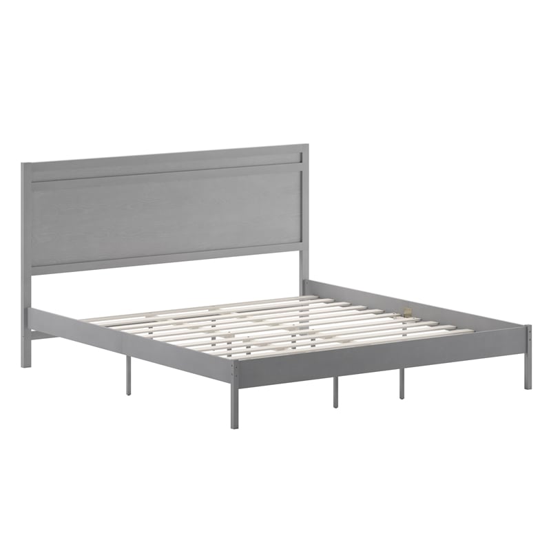 Bowery Hill King Platform Bed with Wooden Slats and Headboard in Grey
