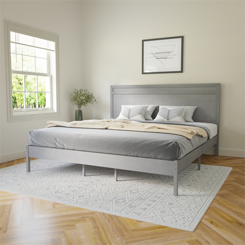 Bowery Hill King Platform Bed with Wooden Slats and Headboard in Grey