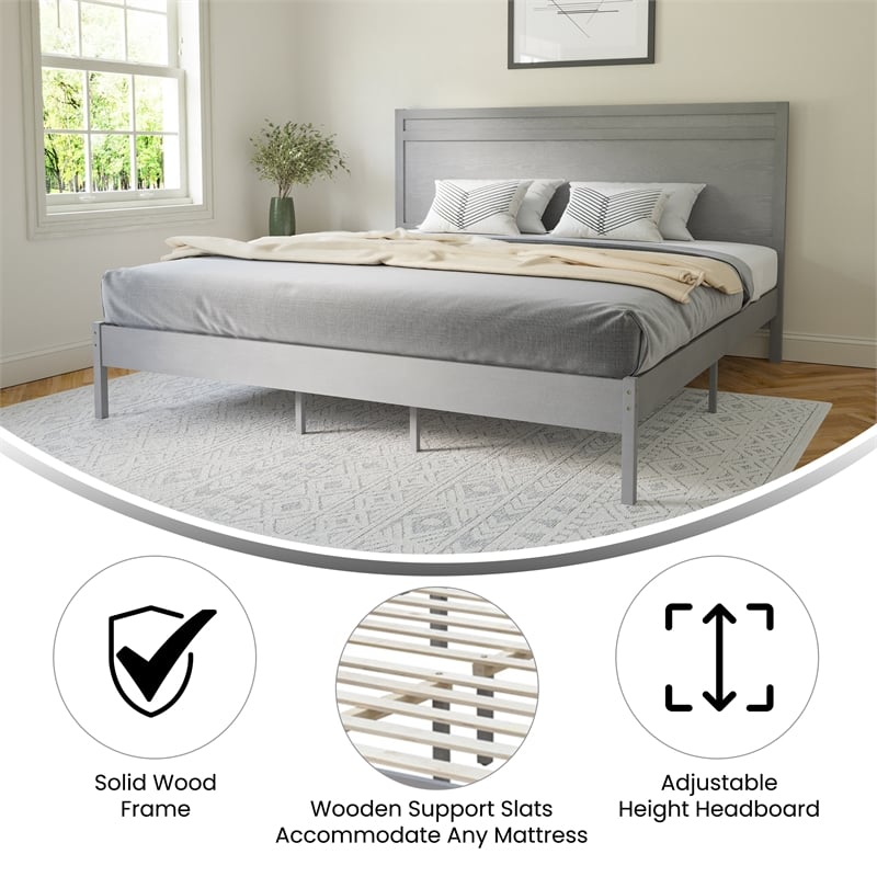 Bowery Hill King Platform Bed with Wooden Slats and Headboard in Grey
