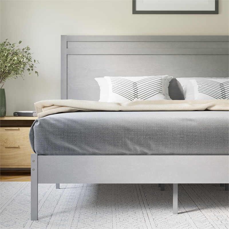 Bowery Hill King Platform Bed with Wooden Slats and Headboard in Grey