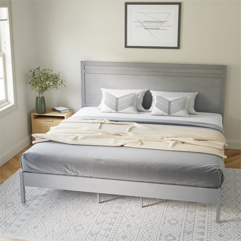 Bowery Hill King Platform Bed with Wooden Slats and Headboard in Grey
