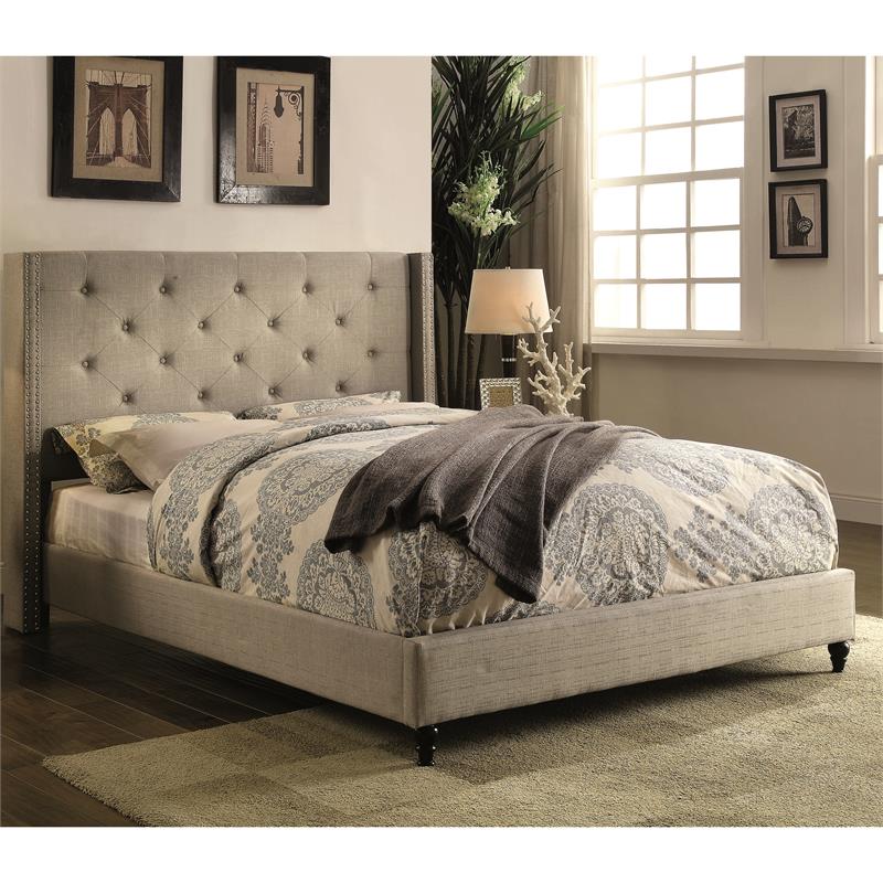 Bowery Hill Transitional Wingback King Bed in Gray Upholstered Fabric