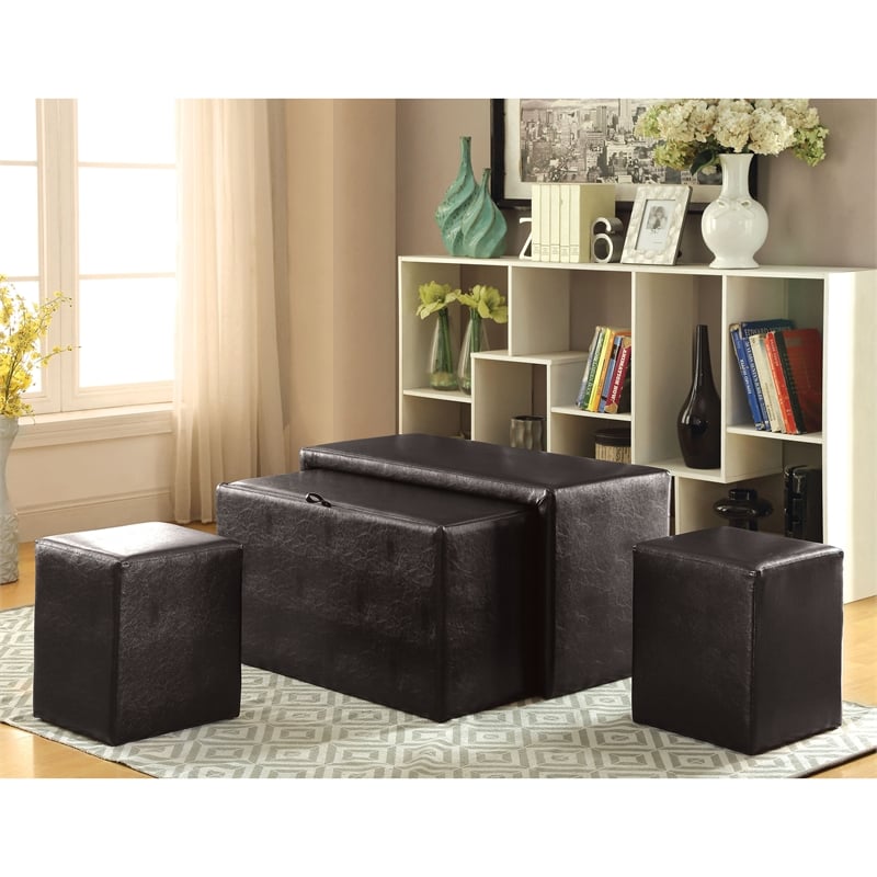 Bowery Hill Faux Leather Bench and Ottoman Set in Dark Brown