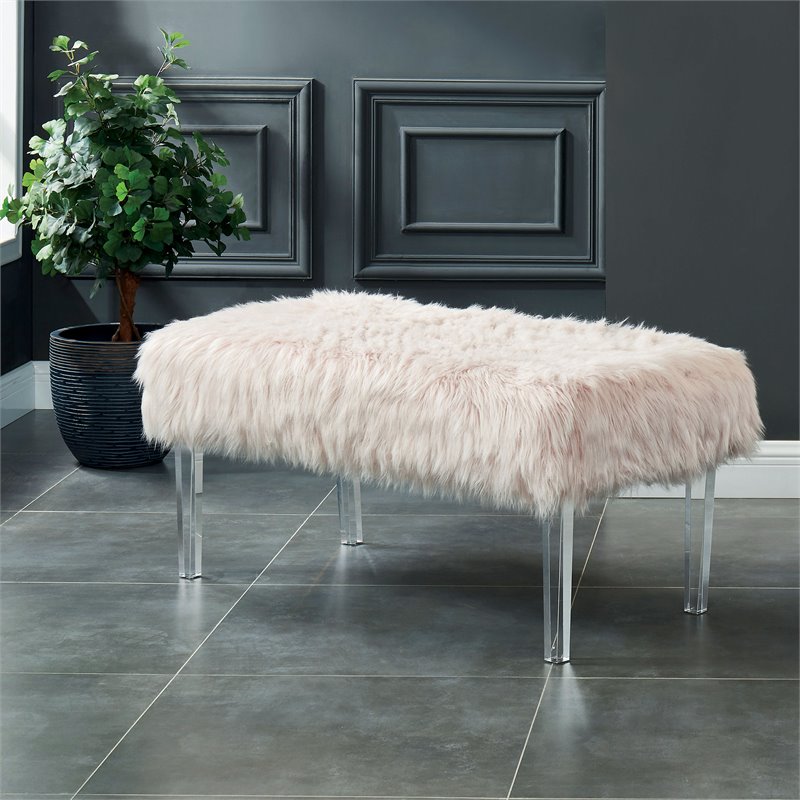 Bowery Hill Contemporary Faux Fur Upholstered Bench in Pink