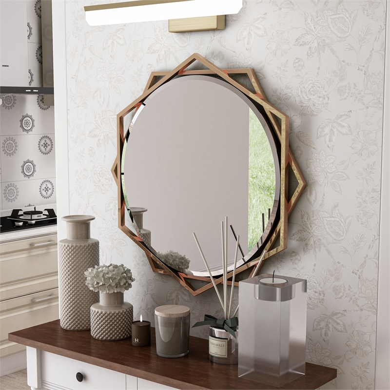 Bowery Hill Metal Beveled Wall Mirror in Gold Champagne with Starburst Frame