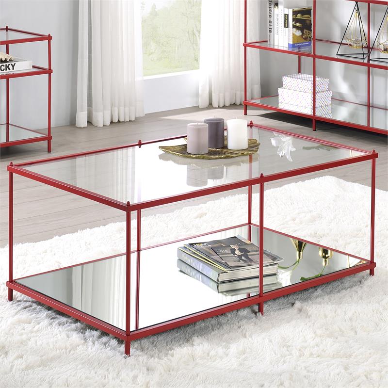 Bowery Hill Metal 1-Shelf Coffee Table in Red with Mirrored Base