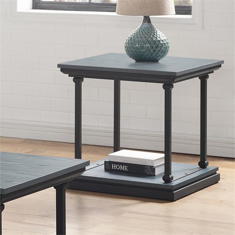 Bowery Hill Transitional Wood End Table in Antique Blue with Open Shelf