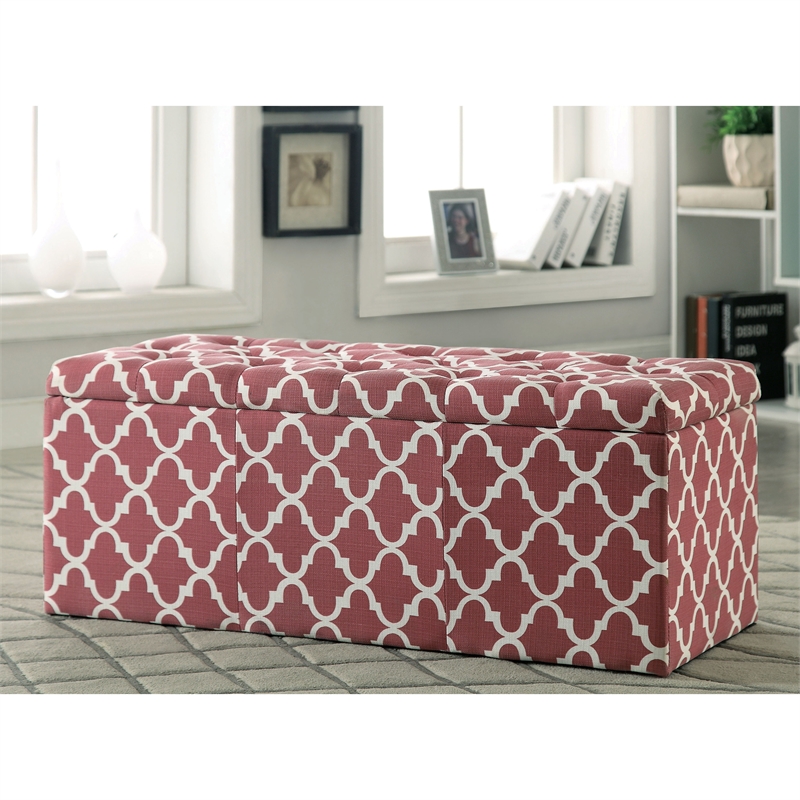 Bowery Hill Contemporary Fabric Storage Ottoman in Red with Diamond Pattern