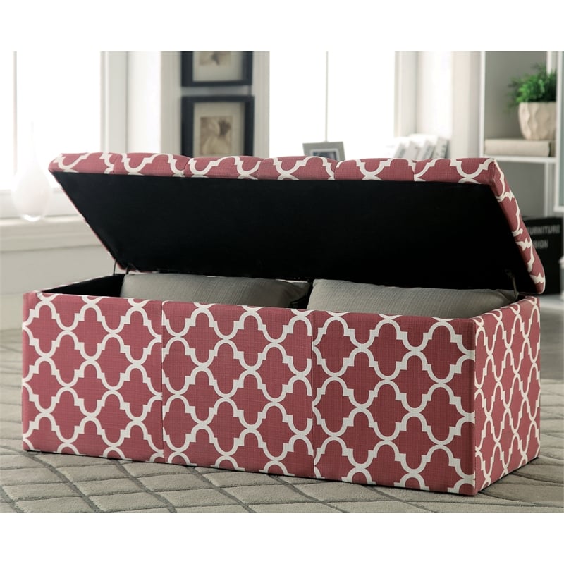 Bowery Hill Contemporary Fabric Storage Ottoman in Red with Diamond Pattern