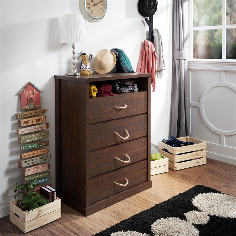 Bowery Hill 4-Drawer Wood Chest in Vintage Walnut Finish