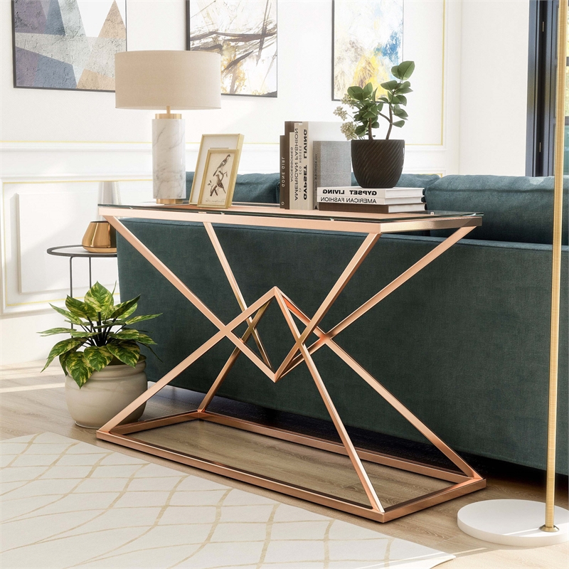 Bowery Hill Contemporary Metal Sofa Table with Glass Top in Gold Plating