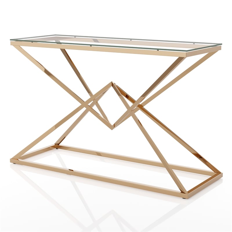 Bowery Hill Contemporary Metal Sofa Table with Glass Top in Gold Plating