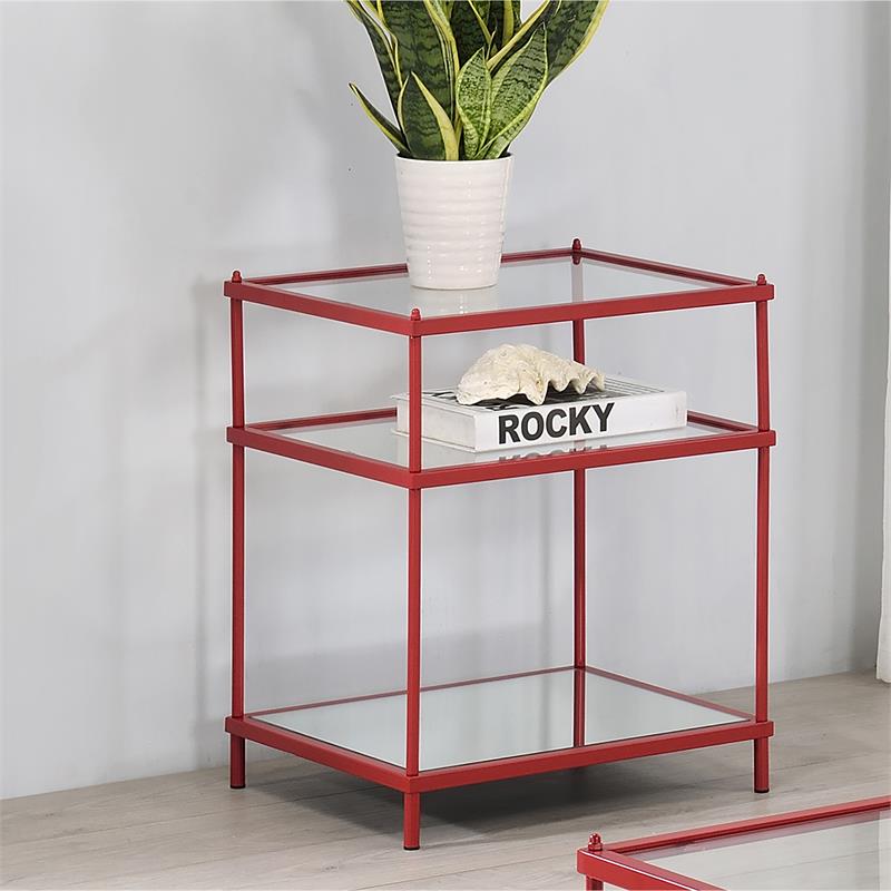 Bowery Hill Glass Top 2-Shelf Side Table with Mirror in Red