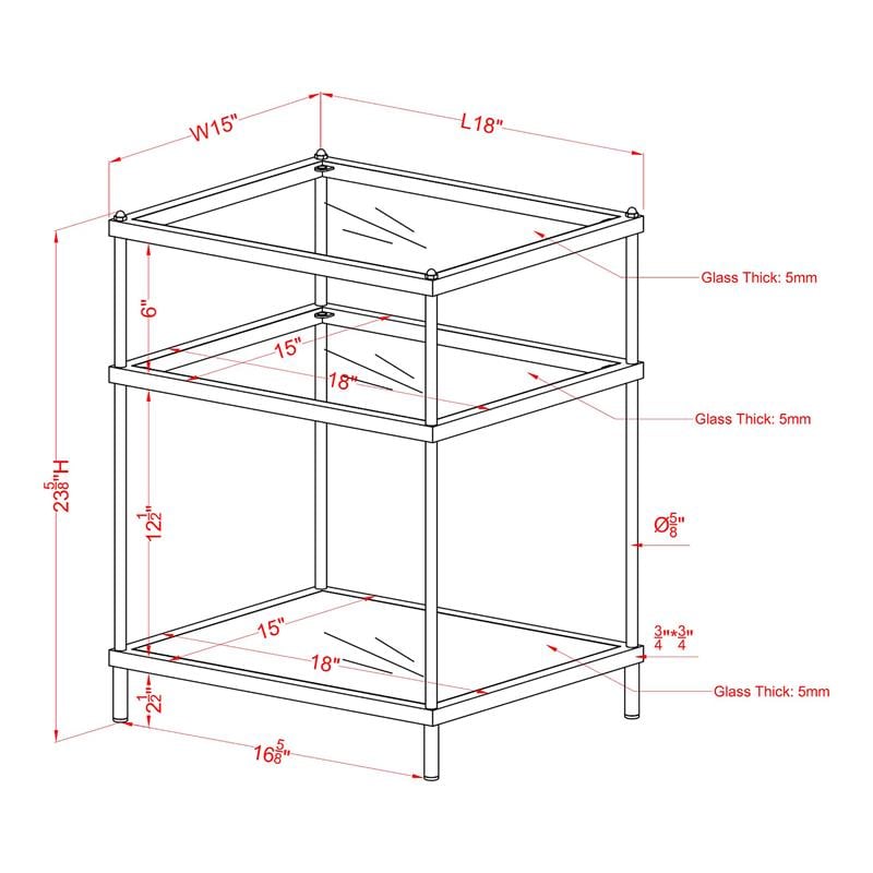 Bowery Hill Glass Top 2-Shelf Side Table with Mirror in Red