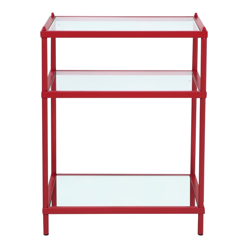 Bowery Hill Glass Top 2-Shelf Side Table with Mirror in Red