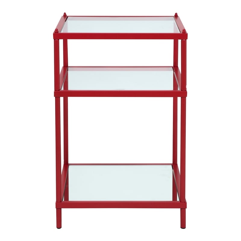 Bowery Hill Glass Top 2-Shelf Side Table with Mirror in Red
