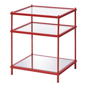 Bowery Hill Glass Top 2-Shelf Side Table with Mirror in Red