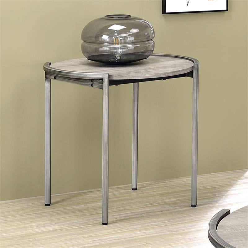 Bowery Hill Metal Round End Table in Light Gray and Gun Metal Finish