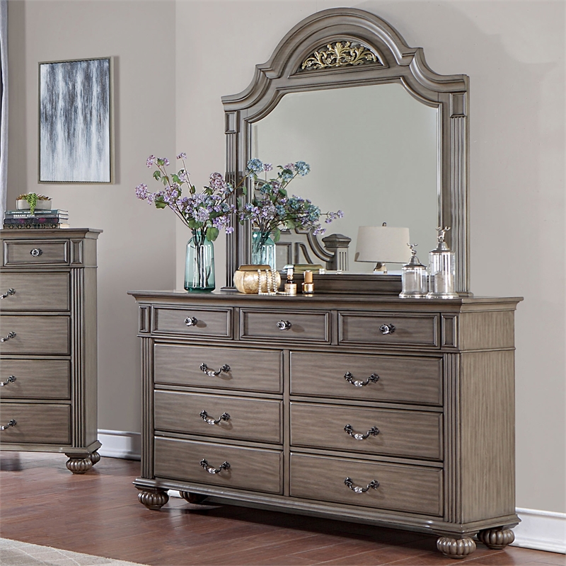 Bowery Hill 2-Piece Dresser and Mirror Set in Grey with 9 Drawers