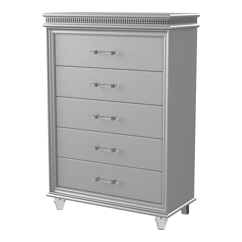 Bowery Hill Solid Wood 5-Drawer Silver Chest with Crystal Accents
