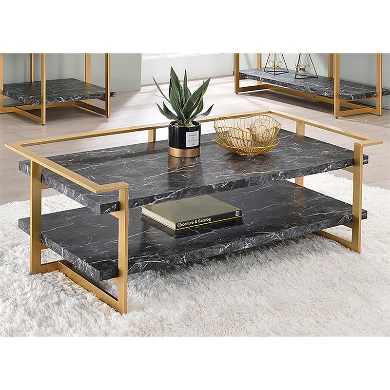 Bowery Hill Metal 1-Shelf Coffee Table in Gold and Black Faux Marble Finish