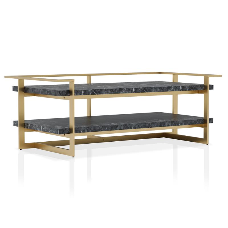Bowery Hill Metal 1-Shelf Coffee Table in Gold and Black Faux Marble Finish