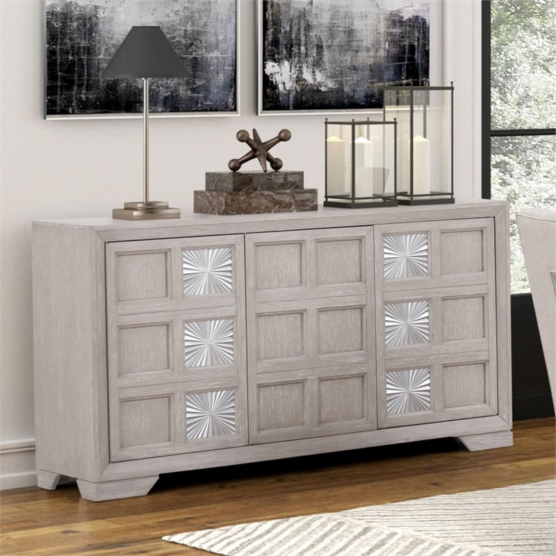 Bowery Hill Solid Wood Sunburst Server in Light Gray with 6 Shelves