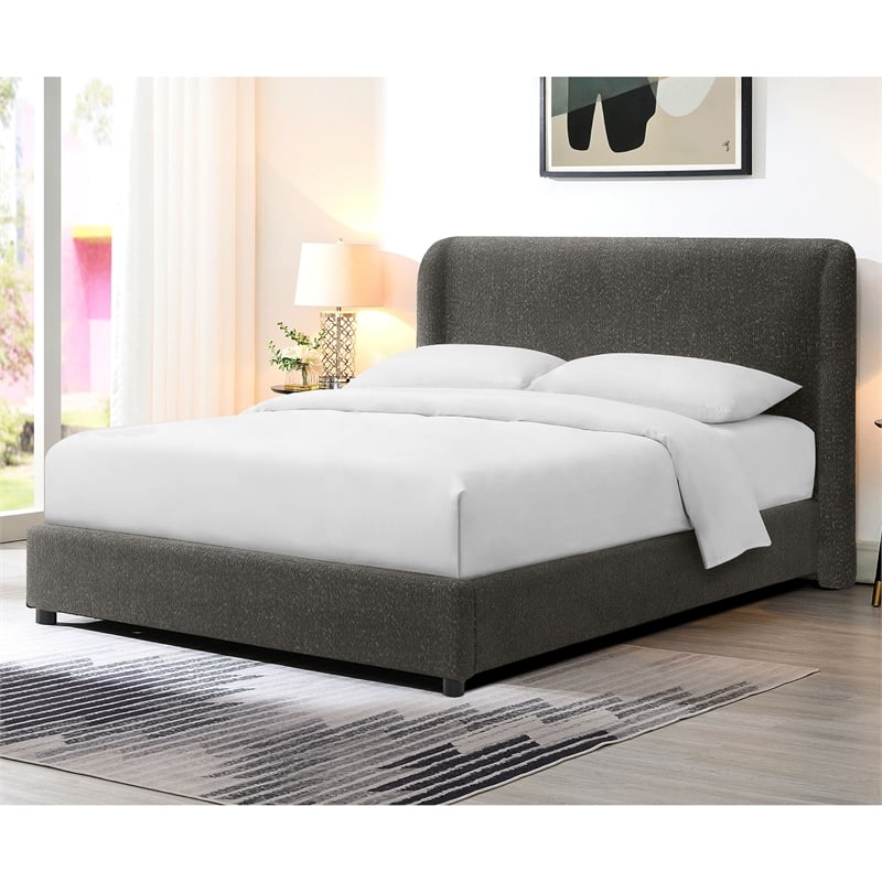 Bowery Hill Boucle Full Platform Bed in Gray with Shelter Headboard