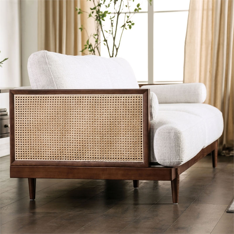 Bowery Hill Solid Wood Loveseat with Rattan Side Panels in Walnut Beige