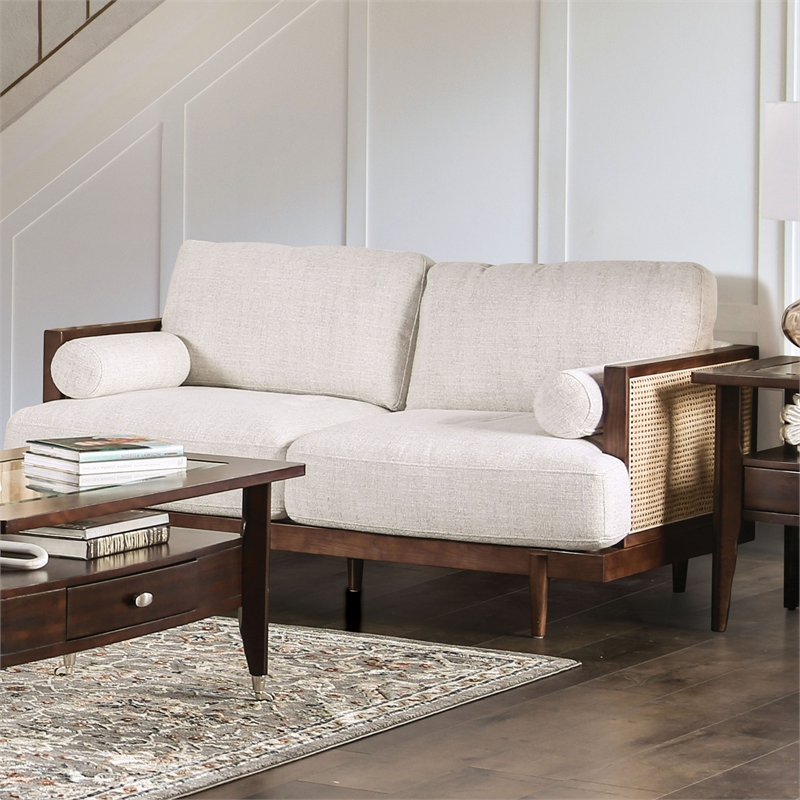 Bowery Hill Solid Wood Loveseat with Rattan Side Panels in Walnut Beige