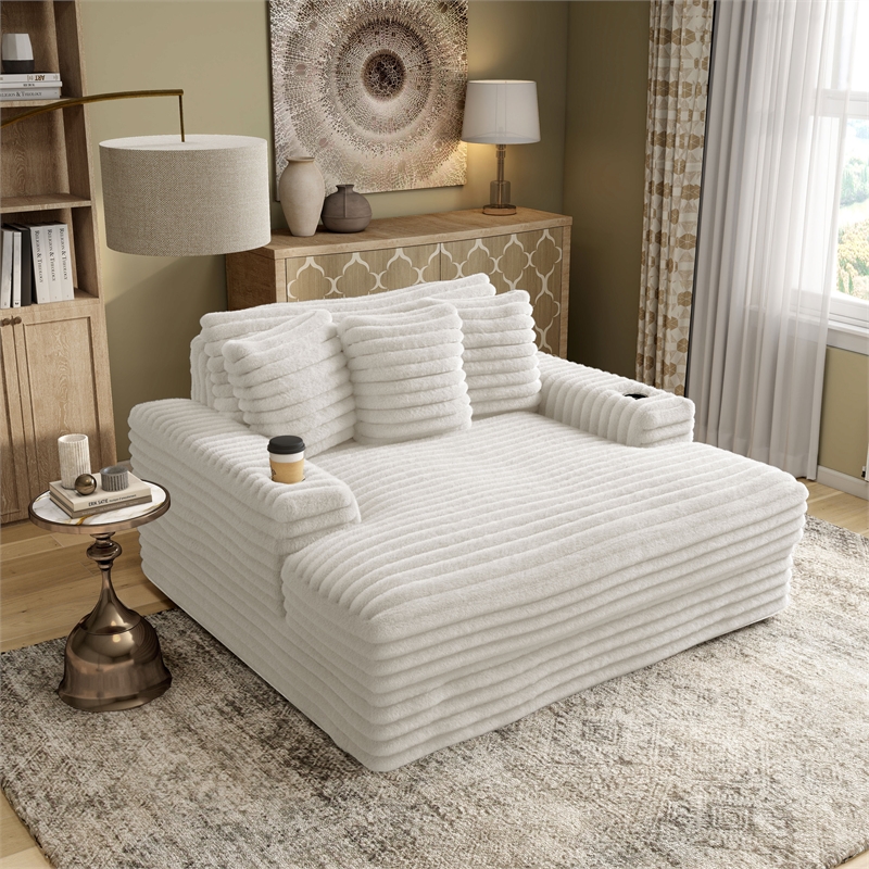 Bowery Hill Fabric 2-Arm Chaise with USB Ports White Upholstery