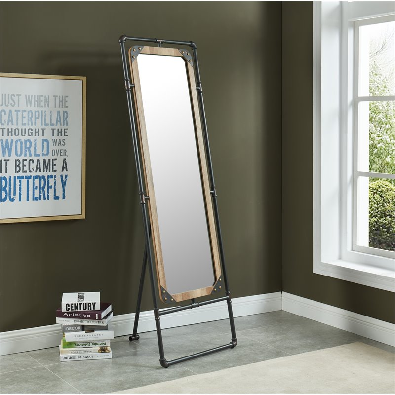 Bowery Hill Metal Standing Mirror with Sand Black Finish and Copper Accents