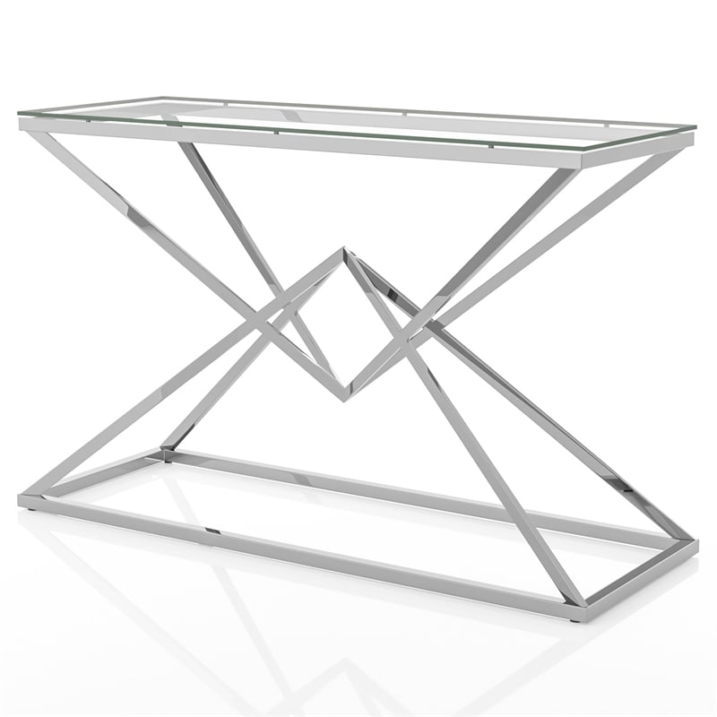 Bowery Hill Contemporary Metal Sofa Table with Glass Top & Chrome Plating