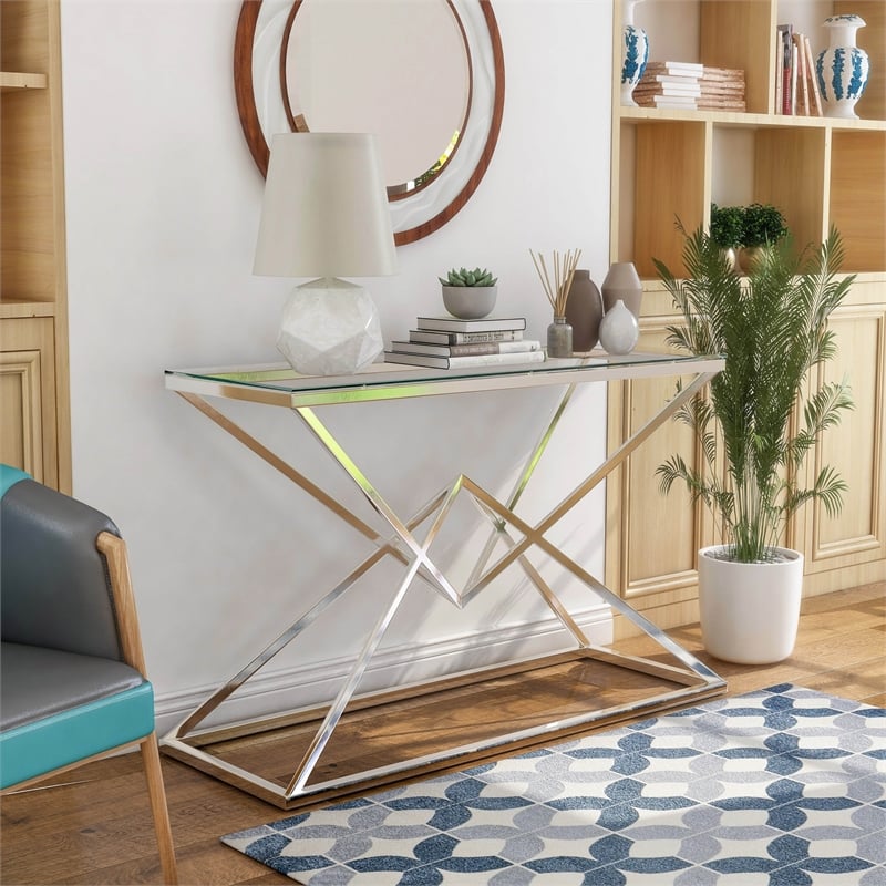 Bowery Hill Contemporary Metal Sofa Table with Glass Top & Chrome Plating