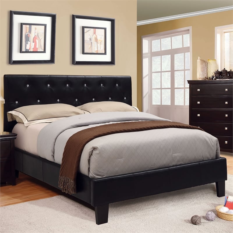 Bowery Hill Faux Leather King Bed with Button-Tufted Headboard in Black