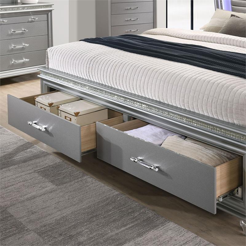 Bowery Hill Contemporary Wood Queen Bed with LED in Silver Finish