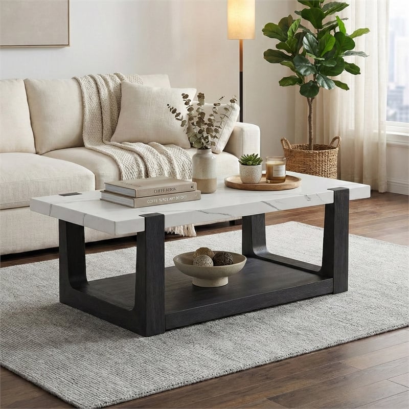 Bowery Hill Wood Coffee Table with Faux Marble Top in Black and White