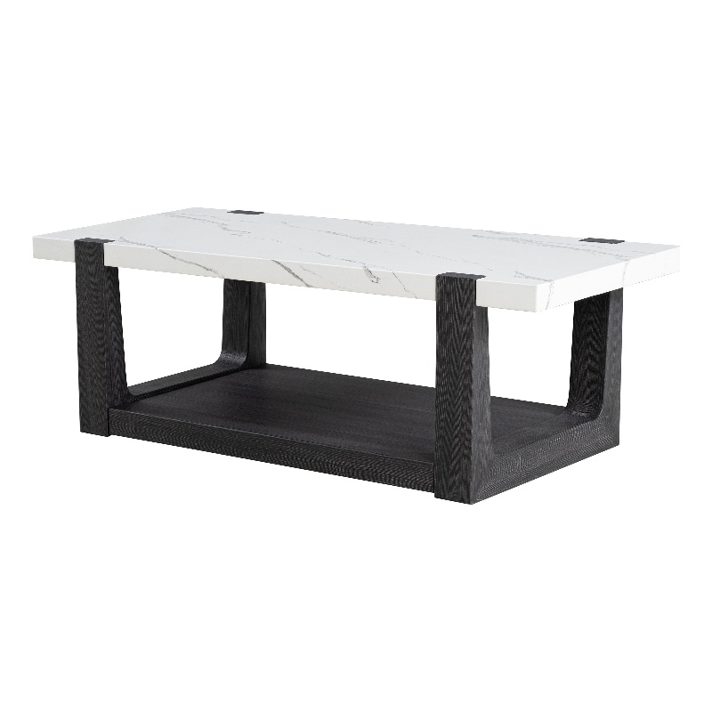 Bowery Hill Wood Coffee Table with Faux Marble Top in Black and White