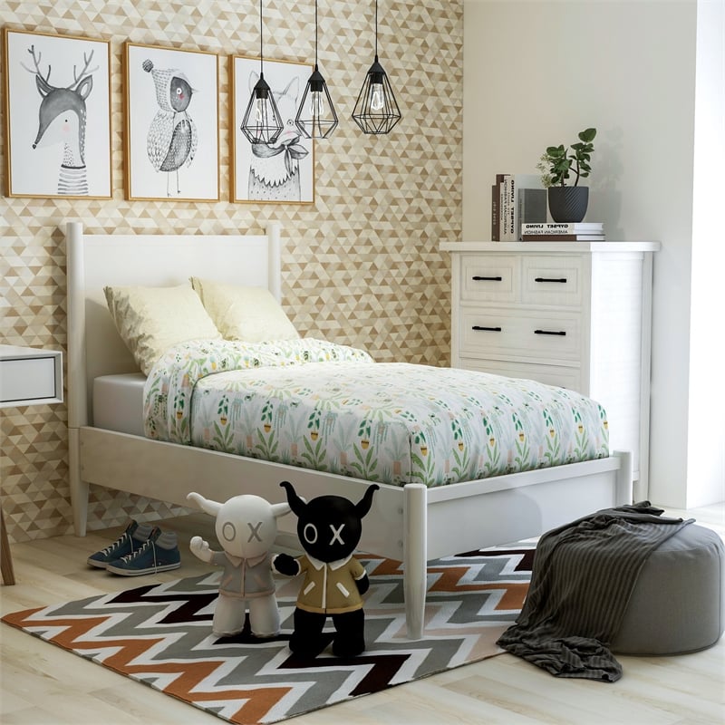 Bowery Hill Solid Wood Twin Platform Bed in White with Mid-Century Design