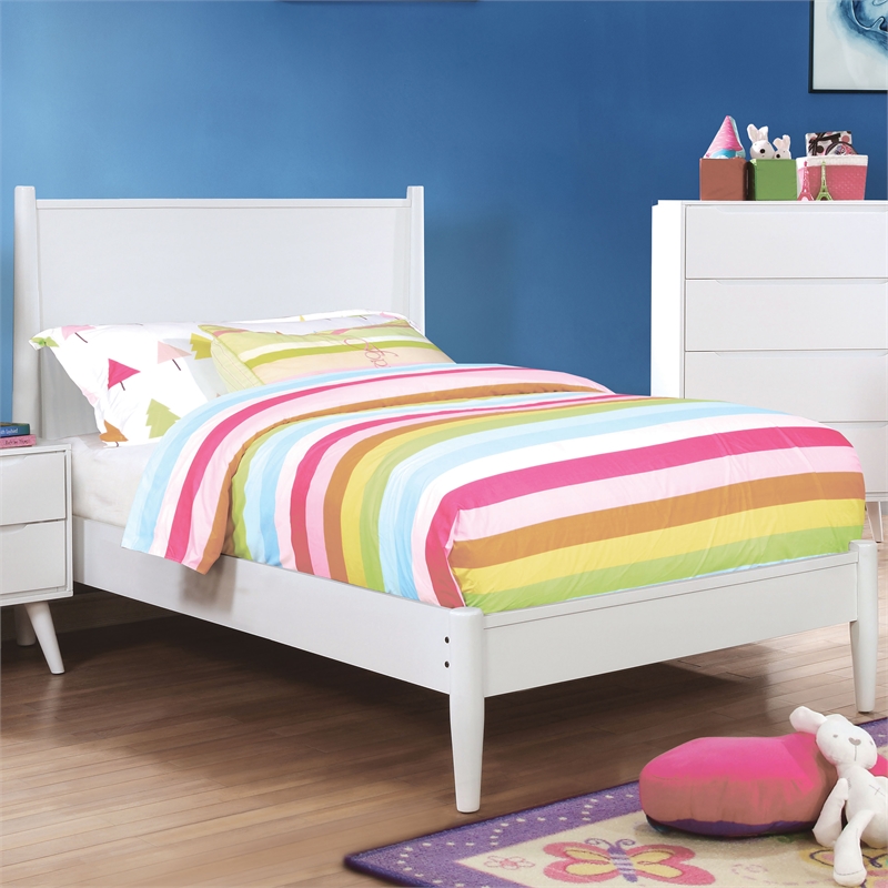 Bowery Hill Solid Wood Twin Platform Bed in White with Mid-Century Design