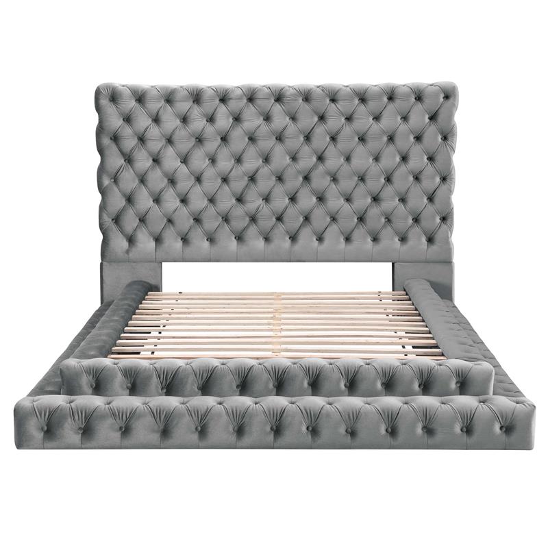 Bowery Hill Glam Fabric Tufted Platform King Bed in Gray Upholstery