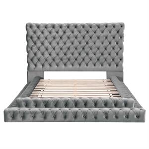 Bowery Hill Glam Fabric Tufted Platform King Bed in Gray Upholstery