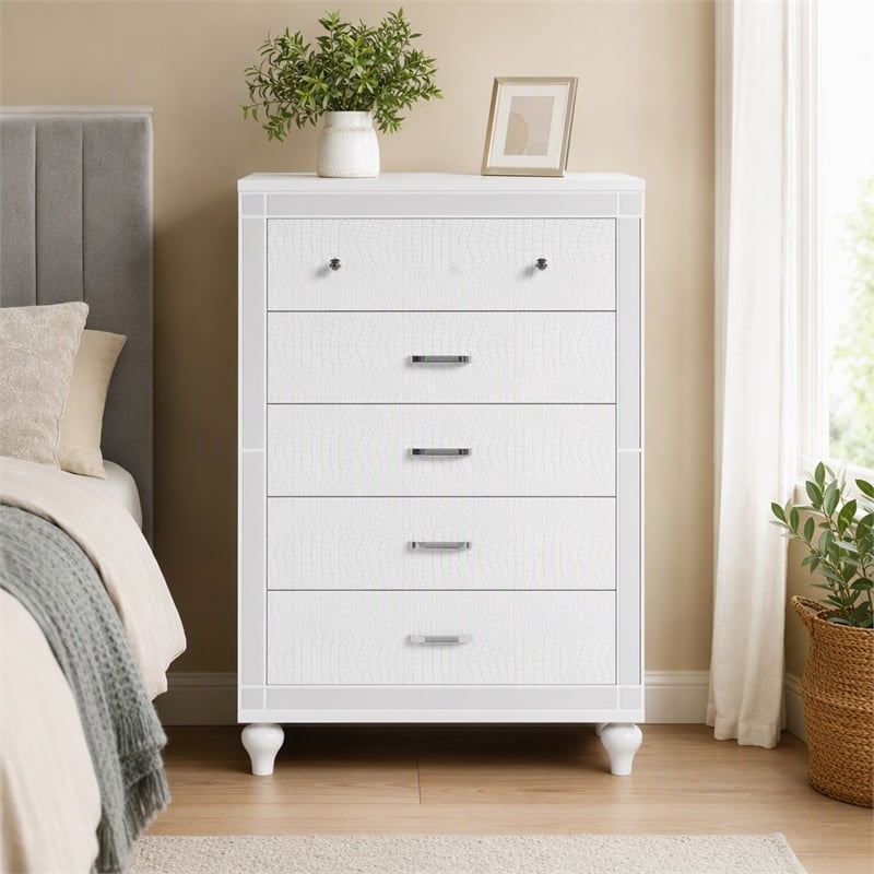 Bowery Hill Contemporary Solid Wood 5-Drawer Chest in White Finish