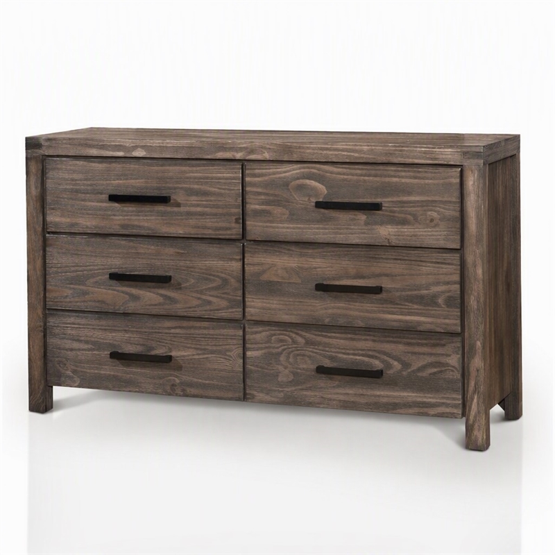 Bowery Hill Rustic Wood 6-Drawer Dresser in Wire-Brushed Brown Finish