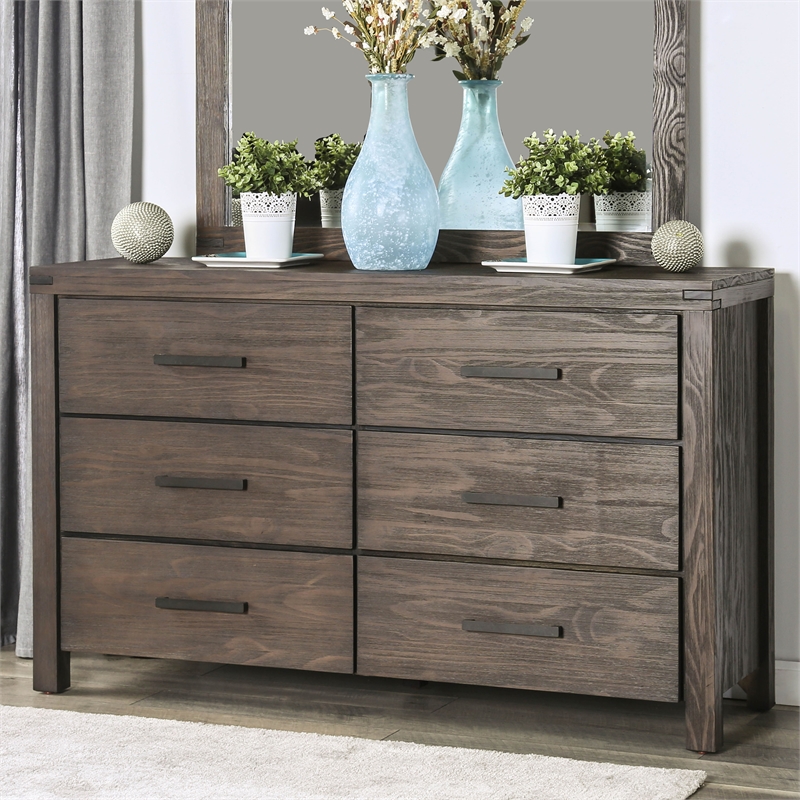 Bowery Hill Rustic Wood 6-Drawer Dresser in Wire-Brushed Brown Finish