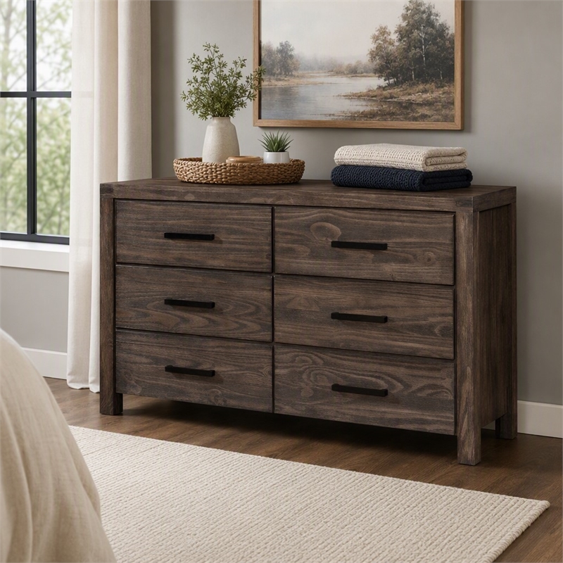 Bowery Hill Rustic Wood 6-Drawer Dresser in Wire-Brushed Brown Finish